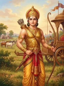 Citrasena the Kaurava stands proudly beside his chariot with a composite bow, wearing golden armor and royal Kuru silks.