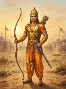 Citravarmā of Pāñcāla stands proudly in golden armor with a bow on the battlefield.