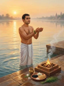 A householder performing the daily sandhya and tarpana rites on the banks of a holy river