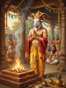 Daksha with a goat's head praying with folded hands beside the sacred fire altar.