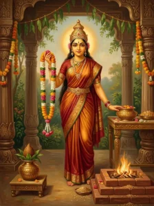 Dakshiṇā Devī holding a floral garland beside a ritual altar, radiating golden light.