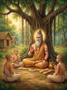 An elderly ṛshi teaches Dama or self-restraint to disciples in a forest āśrama beneath a sacred banyan tree.