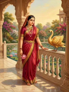 Princess Damayantī of Vidarbha listens attentively to a divine golden swan on a sunlit palace terrace.