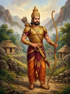 King Dambhodbhava stands tall in ornate battle armor, holding a royal bow near sacred ascetic groves.