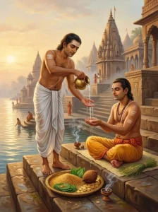 A pilgrim householder performing the rite of dāna to a priest on the riverbank steps of a sacred tīrtha