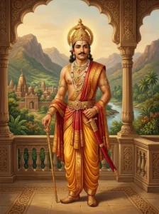 King Daṇḍa of the solar dynasty stands on his royal terrace overlooking the Vindhya-Nila kingdom.