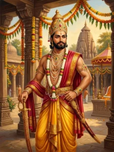 King Danda stands in royal attire with a sheathed sword, gazing with pride before the carved pillars of Hatakeshvara.