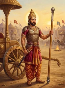 Daṇḍadhara stands beside his war chariot holding a heavy metal-bound staff and resting his hand on his sword.