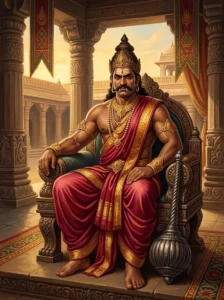 Dantavaktra, king of Karusha and rebirth of Vijaya, sits with a commanding posture on his throne.