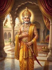 King Daśaratha of Ayodhya stands in royal attire with a serene and dignified expression in a sunlit pavilion.