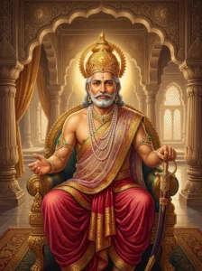 King Daśaratha seated on a golden throne in Ayodhya, resting his hand on a sheathed sword.