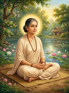 Devahuti seated in serene contemplation in ascetic robes beside the tranquil waters of Bindu-sara.