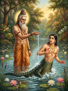 The sage Devala curses the gandharva Huhu into a crocodile in a sacred lake as described in the Vāmana Purāṇa.