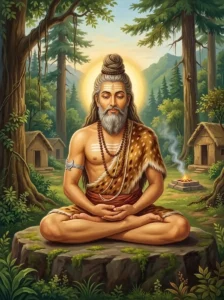 Devāpi seated in meditation in the Himalayan hermitage of Kalapa village.