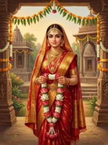 Devavatī, daughter of Kandaru, stands as a graceful bride holding a wedding garland before Hatakeshvara shrines.