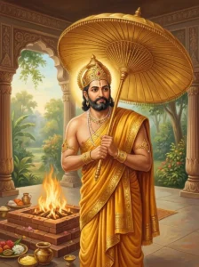 King Devavridha stands beside a sacred fire holding a magnificent golden parasol.