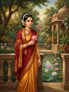 Devayani, daughter of Shukracharya and queen of King Yayāti, stands gracefully in a royal garden holding a lotus.