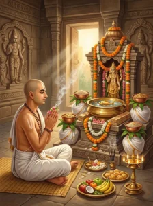 A devout worshipper performing the rituals of the Dharani Vrata before an altar dedicated to Vishṇu