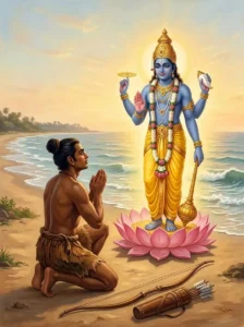 Dharma-Vyādha kneels in prayer as Vishṇu appears on a lotus at Purushottama to grant liberation.