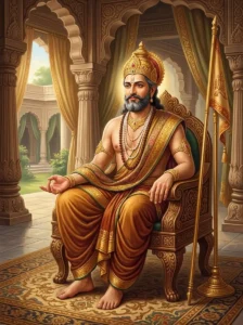 King Dharmadhvaja of Videha sits serenely on a wooden throne with a golden royal banner in morning light.