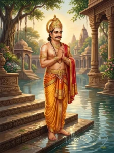 King Dharmanakha stands in anjali mudra on carved stone steps by the holy waters of Hanumat Kunda.