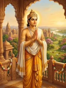Prince Dharmangada stands in anjali mudra with a serene expression, bathed in warm morning light on a palace terrace.