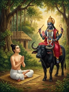 Dharmasharma sits in meditation while Yamadharmaraja appears on a buffalo to grant him a boon.