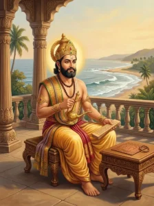 King Dharmavarma of Saurashtra contemplates the sacred truth of dana with a golden jug and palm-leaf manuscript.