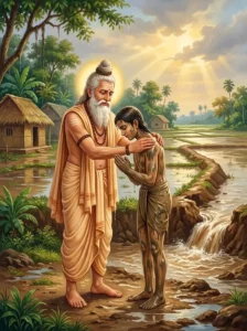 The sage Dhaumya weeps with joy and blesses his mud-soaked disciple Aruni beside a flooded field.