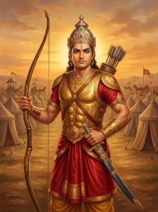 Dhṛshṭadyumna in golden armor with a bow and sword before the Kurukshetra war-camp.