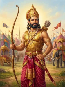 Dhṛshṭaketu stands in royal battle attire surveying his Chedi army division in the morning sunlight.