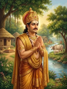 King Dhṛtarāshṭra of Pañcāla stands respectfully with joined hands in a hermitage near a riverbank.