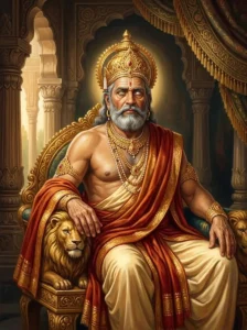 Dhṛtarāshṭra sits solemnly on a golden throne, his sightless eyes gazing into the distance.