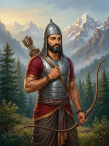 Dhṛtasena, a Kaurava warrior who survived the Kurukshetra war, stands resolutely against snow-dusted Himalayan slopes at.