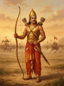Dhrumasena stands ready for combat with a longbow on the arid plains of the Kurukshetra war.
