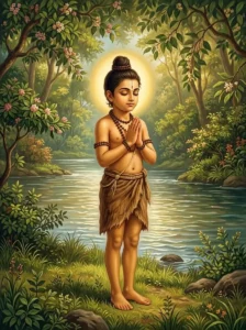 Young Dhruva stands in meditation with folded hands by a river in a forest.