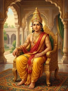 King Dhruvasandhi sits upright on a golden throne in his royal palace hall at Ayodhya.