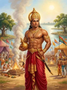 The arrogant Daitya king Dhundhu stands in royal splendour during his grand horse sacrifices near the Devika river.