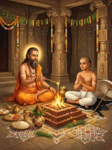 A Vaishṇava guru and an initiate performing the sacred Diksha initiation ceremony before a consecrated fire