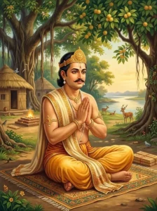 King Dilipa sits in respectful anjali mudra, seeking sacred knowledge in a quiet āśrama during morning light.