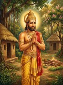 King Dilipa stands in anjali mudra at Vasishṭha's hermitage, surrounded by sacred trees and thatched cottages.