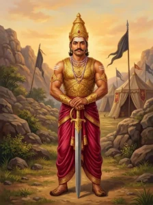 The daitya king Dimbhaka stands in golden armor resting his hands on a broadsword before Govardhana.