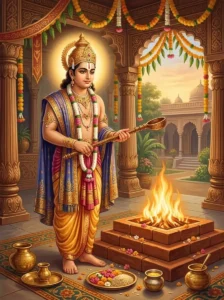 King Dīnanatha performs a sacred fire ritual, holding a wooden ladle by a brick altar.