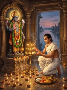 A Hindu devotee performs the Dipa-dana vrata by offering rows of lighted oil lamps before an altar of Vishṇu