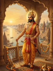 King Dīvodāsa gazes peacefully over the prosperous city of Kāśī from a stone pavilion overlooking the Gaṅgā.