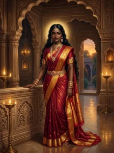 Draupadī standing with quiet resolve in a grand hall, illuminated by warm lamplight.