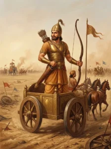 The Kaurava warrior Drumasena stands in his chariot on the battlefield of Kurukshetra during the Mahābhārata war.