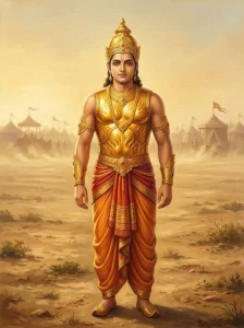 The Kaurava warrior prince Duḥsaha stands tall in gleaming golden armor with a polished necklace.