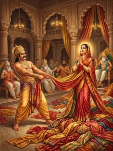 Duḥśāsana pulls at Draupadi's endless garment in the royal court of Hastināpura.
