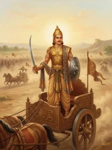 Durjaya, son of Dhṛtarāshṭra, stands alert on his war chariot with a sword and shield on the Kurukshetra battlefield.